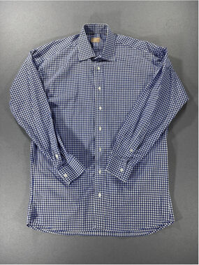 Gitman Gold Blue Gingham Check Long Sleeve Shirt Size 34 Neck 16 1/2